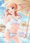  1girl :d bangs bikini blurry blurry_background blurry_foreground breasts brown_hair cleavage collarbone cowboy_shot cyde day eyebrows_visible_through_hair floating_hair flower hair_flower hair_ornament highres houjou_karen idolmaster idolmaster_cinderella_girls jewelry long_hair medium_breasts multi-strapped_bikini navel necklace open_mouth outdoors parasol petals pink_flower shiny shiny_hair signature smile solo standing summer swept_bangs swimsuit umbrella white_bikini 