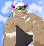  5_fingers abs accessory anthro blue_sky bovid bovine brown_body brown_fur cattle clothing cloud fingers fur hair headband hi_res holding_clothing horn male mammal muscular muscular_anthro muscular_male nude pecs purple_eyes shennong sky solo teeth tokyo_afterschool_summoners tora_oekaki video_games white_hair 