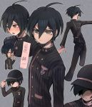  1boy :d absurdres ahoge bangs black_hair black_jacket black_pants blush clenched_teeth closed_eyes closed_mouth commentary_request cropped_legs danganronpa facing_down gakuran grey_background hair_between_eyes hat highres jacket long_sleeves looking_at_viewer male_focus multiple_views new_danganronpa_v3 nia_(nila0513) open_mouth pants saihara_shuuichi school_uniform serious shaded_face shirt short_hair smile standing striped sweatdrop tears teeth translation_request white_shirt 