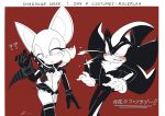  anthro black_and_white_and_red black_body blood blush bodily_fluids bottomwear breasts chiropteran clothed clothing cosplay costume crossover crossover_cosplay eulipotyphlan female gloves handwear hedgehog hi_res japanese_text kill_la_kill legwear male mammal midriff nosebleed rouge_the_bat senketsu shadow_the_hedgehog shocked simple_background skimpy skirt sonic_the_hedgehog_(series) studio_trigger text tishtish translated wings 