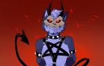  anthro armlet blue_body blue_fur collar demon fur hands_behind_back harness horn male mammal mask procyonid raccoon red_eyes rygel_(rygel_spkb) rygel_spkb satanic skull_mask smile solo spade_tail spiked_collar spikes topless_male 