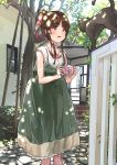  1girl bangs black_cat brown_eyes brown_hair camera cat day dress eyebrows_visible_through_hair green_dress hair_bun hair_ribbon holding holding_camera idolmaster idolmaster_cinderella_girls matsutani open_mouth outdoors red_shirt ribbon shirt sidelocks solo stone_walkway takamori_aiko tree 