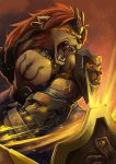  angry anthro armor brown_body brown_fur clothed clothing detailed_background ear_piercing ear_ring egyptian fangs felid fur hair link2004 lion male mammal muscular muscular_anthro muscular_male nipples open_mouth orange_background orange_eyes pantherine partially_clothed piercing red_hair shield simple_background solo tongue yellow_eyes yellow_sclera 