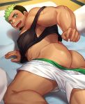  1boy alternate_costume ass ass_focus back bara black_hair black_tank_top casual chest covered_nipples dark_skin dark_skinned_male facial_hair feet_out_of_frame goatee gozu_farm green_eyes green_hair looking_back male_focus multicolored_hair muscle short_hair shorts shorts_pull sideburns solo tank_top taurus_mask thick_thighs thighs tokyo_houkago_summoners two-tone_hair undressing 