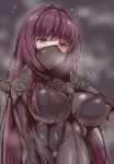  1girl absurdres armor bangs bodysuit breasts commentary_request covered_nipples eyebrows_visible_through_hair fate/grand_order fate_(series) hair_intakes highres impossible_bodysuit impossible_clothes large_breasts long_hair mask mouth_mask ninja_mask pauldrons purple_hair red_eyes scathach_(fate)_(all) scathach_(fate/grand_order) schopdehollyhotter shiny shiny_hair shoulder_armor sidelocks solo upper_body 