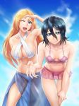  2girls :d arm_behind_back armpits ass_visible_through_thighs bangs bikini black_hair bleach blonde_hair blue_eyes blue_sky breasts cleavage closed_mouth collarbone hair_between_eyes halterneck hand_on_own_knee highres inoue_orihime kuchiki_rukia large_breasts leaning_forward long_hair multiple_girls open_mouth parted_bangs pink_bikini sakuya_(liao_kj) sarong shiny shiny_hair short_hair sky small_breasts smile solo standing swimsuit thigh_gap very_long_hair 