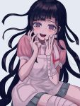  1girl @_@ apron bandaged_arm bandaged_leg bandages bangs black_hair blush danganronpa grey_background highres long_hair mole mole_under_eye open_mouth pink_shirt pleated_skirt purple_eyes renshu_usodayo saliva shirt short_sleeves simple_background skirt solo super_danganronpa_2 sweat tears tsumiki_mikan white_apron 