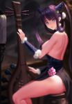  1girl bangs bare_shoulders black_dress blue_eyes blunt_bangs blush breasts china_dress chinese_clothes cleavage commentary detached_sleeves dress fate/grand_order fate_(series) hair_ornament highres large_breasts long_hair looking_at_viewer purple_hair sansan_(dongfangzhong111) side_slit sidelocks twintails very_long_hair yang_guifei_(fate/grand_order) 