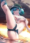  1girl absurdres armpits ass bangs blue_eyes blue_footwear blue_hair blush boots breasts cloud cloudy_sky commentary_request covered_nipples cowboy_shot crop_top dripping eyebrows_visible_through_hair flat_cap green_headwear groin hair_bobbles hair_ornament hand_on_leg hat highres jewelry kagiyama_pandra kawashiro_nitori key lens_flare looking_at_viewer medium_breasts micro_shorts navel necklace one_eye_closed open_clothes open_fly open_mouth open_shorts partially_submerged partially_visible_vulva rubber_boots shirt short_hair short_twintails shorts sidelocks sky solo sparkle split standing standing_on_one_leg standing_split stomach sunset thick_thighs thighs touhou twintails two_side_up underboob water wet white_shirt 