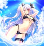  1girl alternate_costume antenna_hair arms_behind_head azur_lane bangs bikini black_bikini black_choker black_ribbon blush breasts brown_eyes choker closed_eyes day eyebrows_visible_through_hair flag_print gekato german_flag_bikini hair_between_eyes hair_ribbon head_tilt highres large_breasts long_hair looking_at_viewer multicolored_hair navel open_mouth outdoors prinz_eugen_(azur_lane) prinz_eugen_(unfading_smile)_(azur_lane) red_hair ribbon side-tie_bikini silver_hair sky solo standing stomach streaked_hair swept_bangs swimsuit thigh_strap two_side_up very_long_hair water wet 