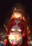  1girl absurdres bangs black_background blurry blurry_background blush breasts brown_eyes brown_hair cape cleavage collarbone hair_between_eyes highres holding kami_yuuyako long_hair medium_breasts naked_cape open_mouth pleated_skirt princess_connect! red_cape red_skirt shimamura_uzuki shiny shiny_hair side_ponytail skirt solo very_long_hair 