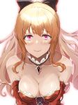  1girl bangs bare_shoulders blonde_hair blush bow breasts cleavage detached_collar detached_sleeves dress eyebrows_visible_through_hair granblue_fantasy hair_between_eyes hair_bow highres large_breasts long_hair looking_at_viewer mellow ponytail red_dress red_eyes smile vira_(granblue_fantasy) white_background 