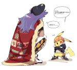  1boy baseball_cap black_hoodie cape cosplay crossed_arms fang fur-trimmed_cape fur_trim gen_1_pokemon hat highres leggings leon_(pokemon) long_hair open_mouth orange_headwear pikachu pokefan_cheng pokemon pokemon_(game) pokemon_swsh purple_hair raihan_(pokemon) raihan_(pokemon)_(cosplay) red_cape shiny shiny_hair shirt shoes short_sleeves speech_bubble squatting standing thought_bubble tongue translation_request white_background 