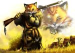  anthro canid canine claws clothed clothing detailed_background eyes_closed flower fox fur gun holding_object holding_weapon link2004 male mammal plant ranged_weapon red_fox rifle smile solo weapon white_body white_fur yellow_body yellow_eyes yellow_fur 