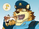  4:3 anthro barrel_(live-a-hero) bodily_fluids butusan_p canid canine canis clothing drooling eating food hot_dog live-a-hero male mammal musical_note police police_hat police_uniform saliva solo uniform wolf 