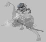  action_pose anthro arm_wraps asian_clothing bangs barefoot bottomwear claws clothing female greyscale hi_res horn jinx_doodle long_tail melee_weapon monochrome pants pose samurai solo sword sword_sheath thick_tail thick_thighs torn_bottomwear torn_clothing torn_pants warrior weapon wraps 