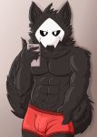  abs absurd_res anthro biped black_body black_fur black_sclera bulge canid canine canis changed_(video_game) clothed clothing fur goo_creature hi_res male mammal mask phone portrait puro_(changed) selfie simple_background solo standing three-quarter_portrait underwear underwear_only unknown_artist white_eyes wolf 