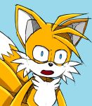  2020 anthro blue_background blue_eyes canid canine digital_media_(artwork) fox fur hatching_(art) hi_res ketrindarkdragon male mammal meme miles_prower on_model open_mouth reaction_image simple_background solo sonic_the_hedgehog_(series) tails_gets_trolled white_body white_fur yellow_body yellow_fur 
