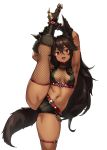  1girl :d animal_ears armpits black_gloves breasts brown_hair cerberus_(houtengeki) dark_skin fishnets gloves highres houtengeki leg_up long_hair looking_at_viewer medium_breasts midriff navel open_mouth original red_eyes simple_background smile split standing standing_on_one_leg standing_split tail thighhighs white_background 