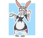  2020 absurd_res anthro avoid_posting blue_background clothed clothing cosplay disney female fully_clothed fur grey_body grey_fur hi_res holding_object judy_hopps lagomorph leporid maid_uniform mammal open_mouth purple_eyes rabbit re:zero rem_(re:zero) simple_background solo standing teapot uniform white_background zhan zootopia 