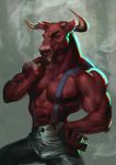  2020 anthro backlighting biceps bottomwear bovid bovine brown_body bulge cattle ccced cigar clothed clothing collaboration detailed digital_media_(artwork) digital_painting_(artwork) facial_piercing fingers hi_res horn jegorowa light lighting male mammal muscular muscular_anthro muscular_male nipples nose_piercing nose_ring pants pecs piercing red_eyes shaded simple_background smoke smoking solo standing suspenders topless veiny_arms 