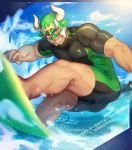  1boy ass bara black_hair bulge chest cloud cloudy_sky covered_nipples dark_skin dark_skinned_male facial_hair goatee gozu_farm green_eyes green_hair grin male_focus male_swimwear muscle outdoors short_hair sky smile solo summer surfboard swimwear taurus_mask thick_thighs thighs tight tokyo_houkago_summoners water water_drop wrestling_mask wrestling_outfit 