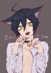  1boy ahoge animal_ears bangs bell bell_collar black_hair brown_background cat_ears choker collar collarbone collared_shirt commentary_request danganronpa eyebrows_visible_through_hair fang fangs hair_between_eyes heart highres looking_at_viewer male_focus nanin new_danganronpa_v3 open_clothes open_mouth open_shirt paw_pose saihara_shuuichi shirt short_hair simple_background solo translation_request upper_body white_shirt yellow_eyes 