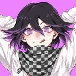  1boy arms_behind_head arms_up bangs black_hair checkered checkered_scarf commentary_request danganronpa hair_between_eyes highres jacket long_sleeves looking_at_viewer male_focus nanin new_danganronpa_v3 ouma_kokichi pink_background pink_eyes purple_eyes purple_hair red_pupils scarf short_hair smile solo starry_sky_print straitjacket white_jacket 