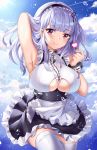  apron armpits azur_lane breasts character_request choker cleavage cloud cloudy_sky cowboy_shot day hairband heart highres huge_breasts maid maid_apron metal_choker outdoors pink_eyes sky smile squchan thighhighs white_hair white_legwear 
