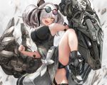  animal_ears arknights breasts chinese_clothes chinese_dress cropped dress fang feater_(arknights) gray_hair long_hair mechagirl navel nihoshi_(bipedal_s) panties sunglasses twintails underwear yellow_eyes 