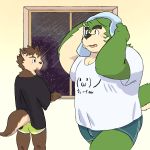  1:1 anthro blush brown_body brown_fur canid canine canis clothing dog_operator domestic_dog duo eyebrows fur green_body green_fur hi_res k_gutless live-a-hero male mammal mokdai oversized_shirt protagonist_(live-a-hero) slightly_chubby thick_eyebrows towel underwear 