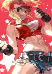  1girl abs absurdres bangs bare_shoulders baseball_cap belly blonde_hair blue_eyes breasts fatal_fury fatal_fury_cap fingerless_gloves genderswap genderswap_(mtf) gloves hat highres large_breasts looking_at_viewer micro_shorts navel picube525528 ponytail shorts smile snk snk_heroines:_tag_team_frenzy solo star_(symbol) tank_top terry_bogard thighs toned underwear vest 