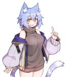  1girl absurdres animal_ear_fluff animal_ears blue_hair breasts cat_ears cat_tail collarbone facial_scar fur_trim highres index_finger_raised large_breasts looking_at_viewer open_mouth orange_eyes original ryota_tentei scar scar_on_cheek short_hair simple_background solo sweatshirt tail tora_tentei white_background 