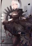  1girl black_dress black_hairband blue_eyes breasts cleavage_cutout clothing_cutout copyright_name dress hairband jijing_zishui looking_at_viewer medium_breasts mole mole_under_mouth nier_(series) nier_automata no_blindfold short_hair smile solo yorha_no._2_type_b 