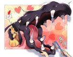  blush brushing_teeth commentary_request fangs gen_3_pokemon hands_up heart highres holding holding_toothbrush mawile one_eye_closed open_mouth orange_eyes pokemon pokemon_(creature) saliva spoken_heart tm_(hanamakisan) tongue toothbrush trembling 