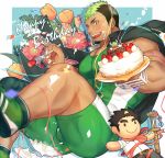  1boy bara bare_arms birthday birthday_cake black_hair bulge cake chest covered_abs dark_skin dark_skinned_male english_text facial_hair feet_out_of_frame floral_background food food_on_body food_on_face fork fruit goatee gozu_farm green_eyes green_hair jacket jacket_on_shoulders male_focus master_3_(tokyo_houkago_summoners) multicolored_hair muscle short_hair sideburns solo strawberry stuffed_toy taurus_mask thick_thighs thighs tight tokyo_houkago_summoners two-tone_hair wrestling_outfit 