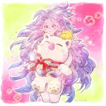  1girl blush bow cropped_legs final_fantasy final_fantasy_vi flower happy_birthday hug long_hair looking_at_viewer moogle pink_skin pointy_ears ribbon solo standing stuffed_toy tina_branford trance_tina_branford umeda_yoshio very_long_hair 