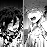  2boys anger_vein angry bangs checkered checkered_scarf clenched_hand collarbone collared_shirt commentary_request danganronpa eyebrows_visible_through_hair face facial_hair goatee greyscale hair_between_eyes highres jacket looking_down looking_up male_focus momota_kaito monochrome motion_lines multiple_boys nanin new_danganronpa_v3 open_mouth ouma_kokichi pointing_at_another scarf shirt split_screen v-shaped_eyebrows 
