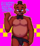  &lt;3 2020 4_fingers anthro artisttito black_clothing black_underwear bow brown_body brown_fur brown_nipples bulge clothed clothing digital_drawing_(artwork) digital_media_(artwork) erection erection_pushing_underwear erection_under_clothing fingers five_nights_at_freddy&#039;s freddy_(fnaf) fur genitals half-closed_eyes hat headgear headwear hi_res humanoid_genitalia humanoid_penis looking_at_viewer male mammal musclegut muscular muscular_anthro muscular_male narrowed_eyes nipples nude open_mouth overweight overweight_anthro overweight_male partially_clothed penis pink_background pink_tongue seductive simple_background slightly_chubby smile solo spanish_text suggestive tan_body tan_fur text tongue topless translated underwear underwear_down underwear_pull ursid video_games 