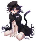 1boy animal_ears arm_support bandages bangs belt between_legs black_cape black_hair black_headwear blush cape cat_ears cat_tail commentary_request danganronpa frown hand_between_legs hat hat_over_one_eye highres long_hair male_focus naked_cape nanin new_danganronpa_v3 ouma_kokichi purple_eyes purple_hair simple_background sitting solo tail torn_cape torn_clothes wariza white_background white_belt 