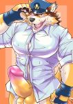  absurd_res anthro balls barrel_(live-a-hero) big_balls big_penis blush bottomless canid canine canis clothed clothing erection genitals gesture hi_res kemononoko live-a-hero male mammal penis police_hat salute solo wolf 