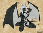  2020 alishka anthro big_breasts breasts claws digital_media_(artwork) dragon english_text eyebrows eyelashes female green_eyes hair horn kneeling membrane_(anatomy) membranous_wings non-mammal_breasts scalie smile solo text western_dragon white_hair wings 