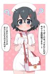  1girl ? alternate_costume bag black_hair blue_eyes blush commentary_request cowboy_shot cross_hair_ornament dress eyebrows_visible_through_hair gloves hair_ornament handbag highres kaban_(kemono_friends) kemono_friends looking_at_viewer nurse pencil_dress ransusan red_cross short_hair short_sleeves solo sweatdrop thermometer translation_request white_dress white_gloves 