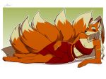  2020 4:3 5_fingers amur anthro breasts canid canine clothed clothing digital_media_(artwork) eyes_closed female fingers fox fur mammal midriff multi_tail navel orange_body orange_fur smile solo toes 