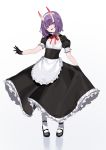 1girl absurdres alternate_costume bebe_pp black_gloves dress enmaided fate/grand_order fate_(series) flat_chest full_body gloves highres horns maid mary_janes oni oni_horns pointy_ears puffy_sleeves purple_eyes purple_hair shoes short_hair shuten_douji_(fate/grand_order) simple_background solo white_background white_legwear 
