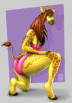  anthro blue_eyes brown_hair clothing croso&eacute; digitigrade dragomyrbr female giraffe giraffid hair hi_res horn kneeling kneeling_on_one_leg looking_at_viewer mammal one-piece_swimsuit ossicone solo swimwear 