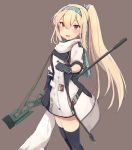  1girl blonde_hair character_name dress girls_frontline gloves gun hairband highres holding holding_gun holding_weapon long_hair looking_at_viewer mod3_(girls_frontline) open_mouth ponytail red_eyes rifle russian_flag scope simple_background sniper_rifle suppressor sv-98 sv-98_(girls_frontline) thighhighs weapon 