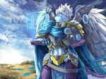  anthro armor blue_body blue_fur canid canine canis claws clothed clothing detailed_background fluffy fluffy_tail fur hair headgear helmet holding_object link2004 male mammal multicolored_body multicolored_fur purple_body purple_fur smile solo white_hair wings wolf yellow_eyes 