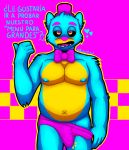  &lt;3 2020 4_fingers anthro artisttito blue_body blue_fur blue_nipples bow bulge clothed clothing digital_drawing_(artwork) digital_media_(artwork) erection erection_pushing_underwear erection_under_clothing fingers five_nights_at_freddy&#039;s freddy_(fnaf) fur genitals half-closed_eyes hat headgear headwear hi_res humanoid_genitalia humanoid_penis looking_at_viewer male mammal mostly_nude musclegut muscular muscular_anthro muscular_male narrowed_eyes nipples nude open_mouth overweight overweight_anthro overweight_male partially_clothed penis pink_background pink_clothing pink_nose pink_tongue pink_underwear seductive simple_background slightly_chubby smile solo spanish_text standing suggestive text tongue topless translated underwear underwear_down underwear_pull ursid video_games yellow_body yellow_fur 
