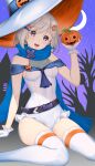  1girl bangs belt black_belt blue_cape blue_scarf blue_sky braid cape commentary crescent_moon frilled_leotard frills gloves hair_ornament hair_tie hairclip hat hataraki_kuma highres holding jack-o&#039;-lantern_ornament leotard looking_at_viewer mole mole_under_eye moon night night_sky open_mouth orange_headwear orange_legwear original outdoors purple_eyes scarf short_hair side_braid silver_hair sitting sky smile solo star_(sky) star_(symbol) star_hair_ornament starry_sky striped striped_legwear thighhighs two-sided_fabric two-sided_headwear wariza white_gloves white_headwear white_leotard witch_hat 